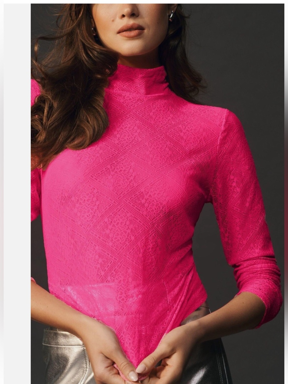 Anthropologie Hot Pink Sheer Lace Turtleneck -Medium